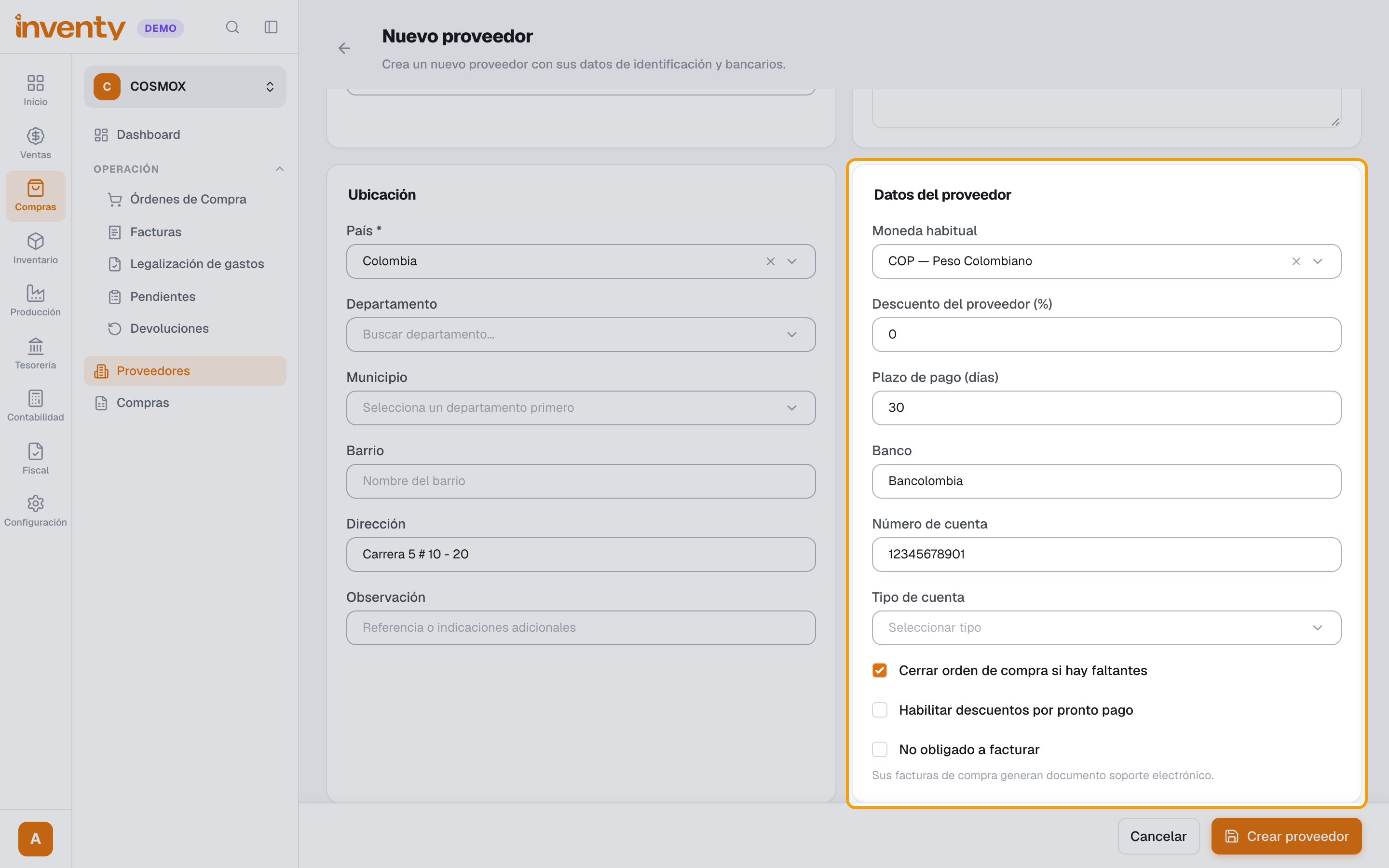Paso 4: datos del proveedor