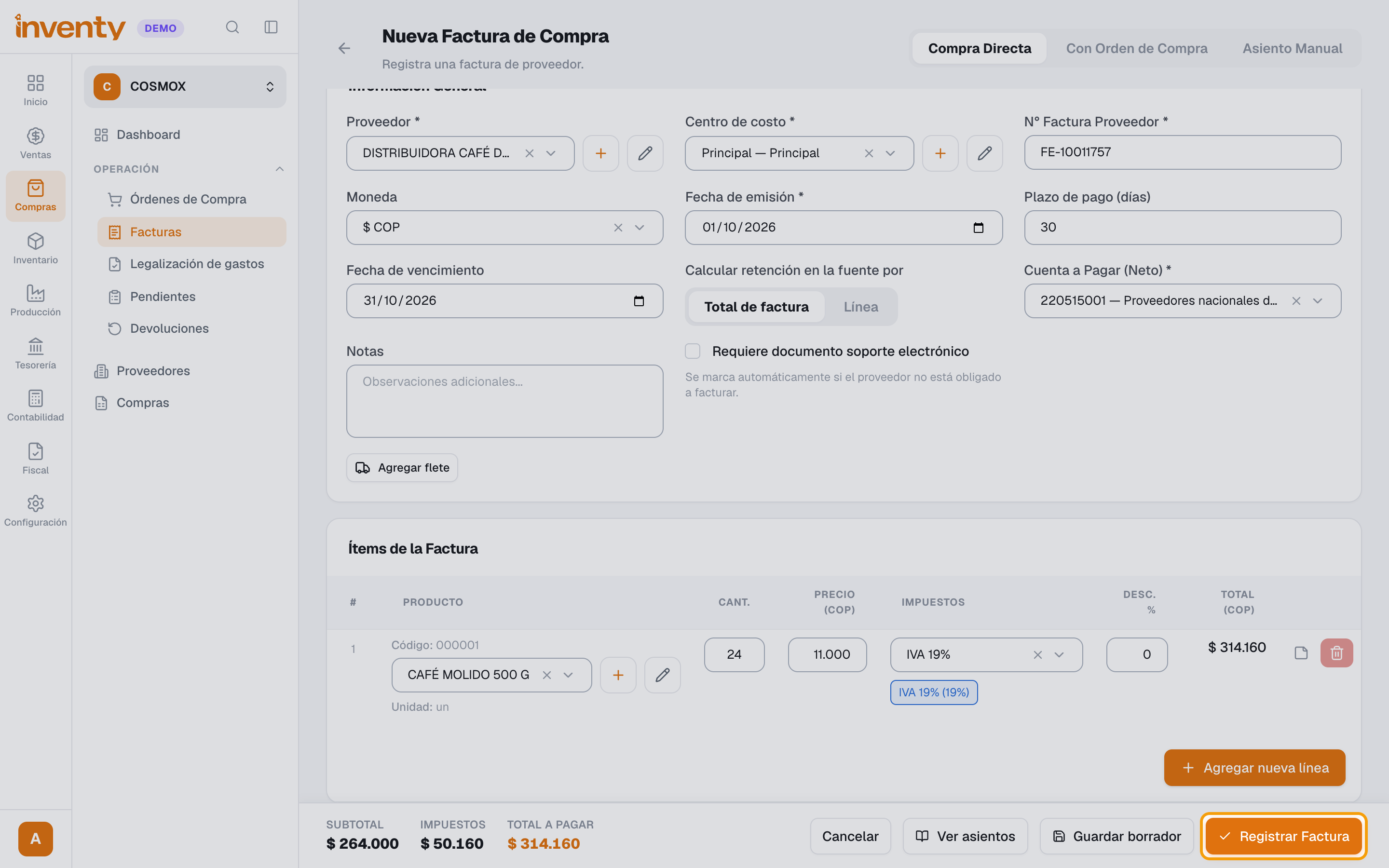 Paso 6: botón Registrar Factura