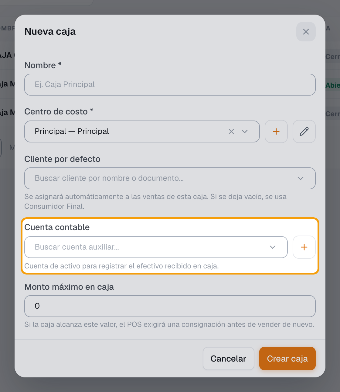 Caja con su cuenta contable