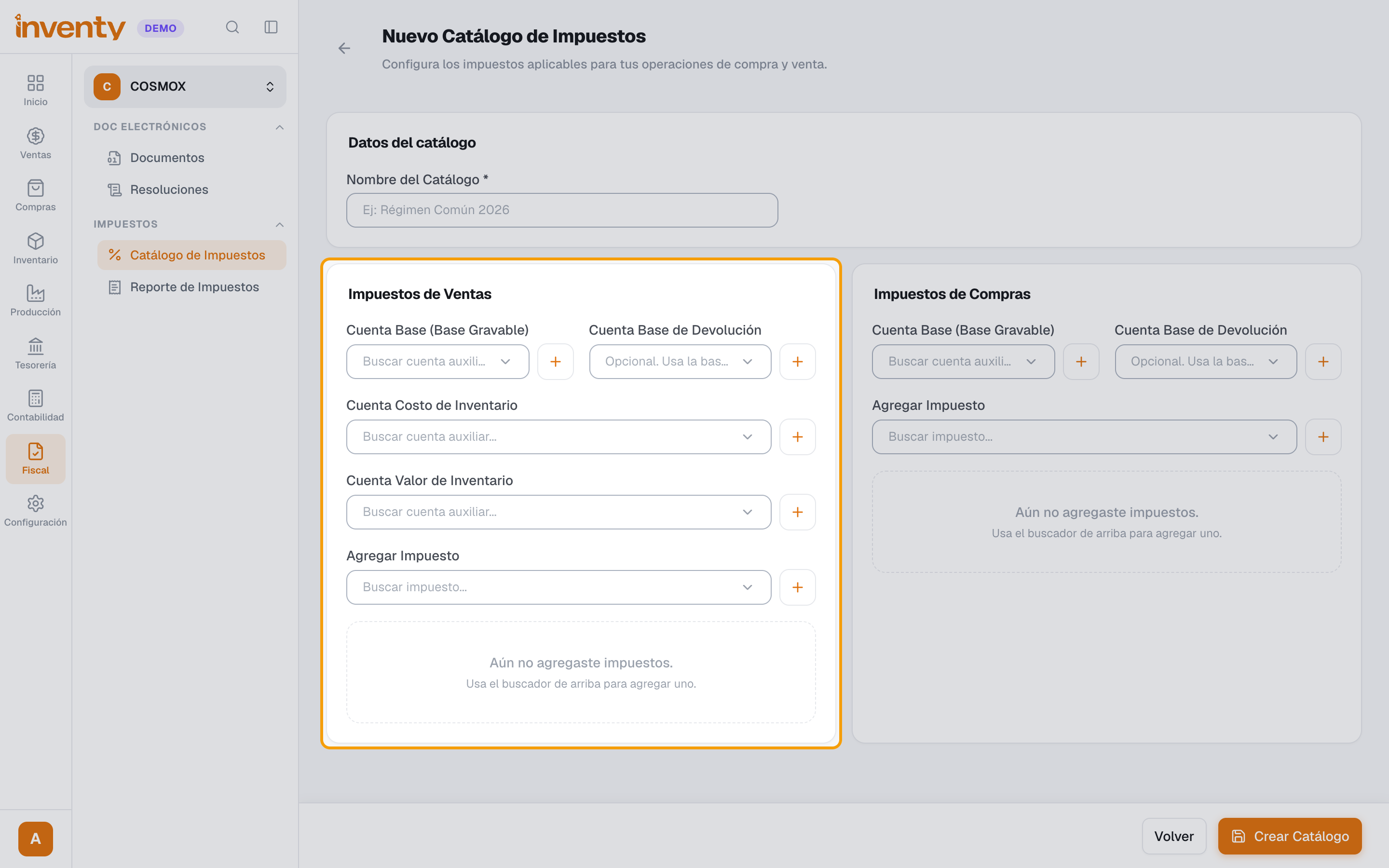 Catálogo de impuestos con sus cuentas contables