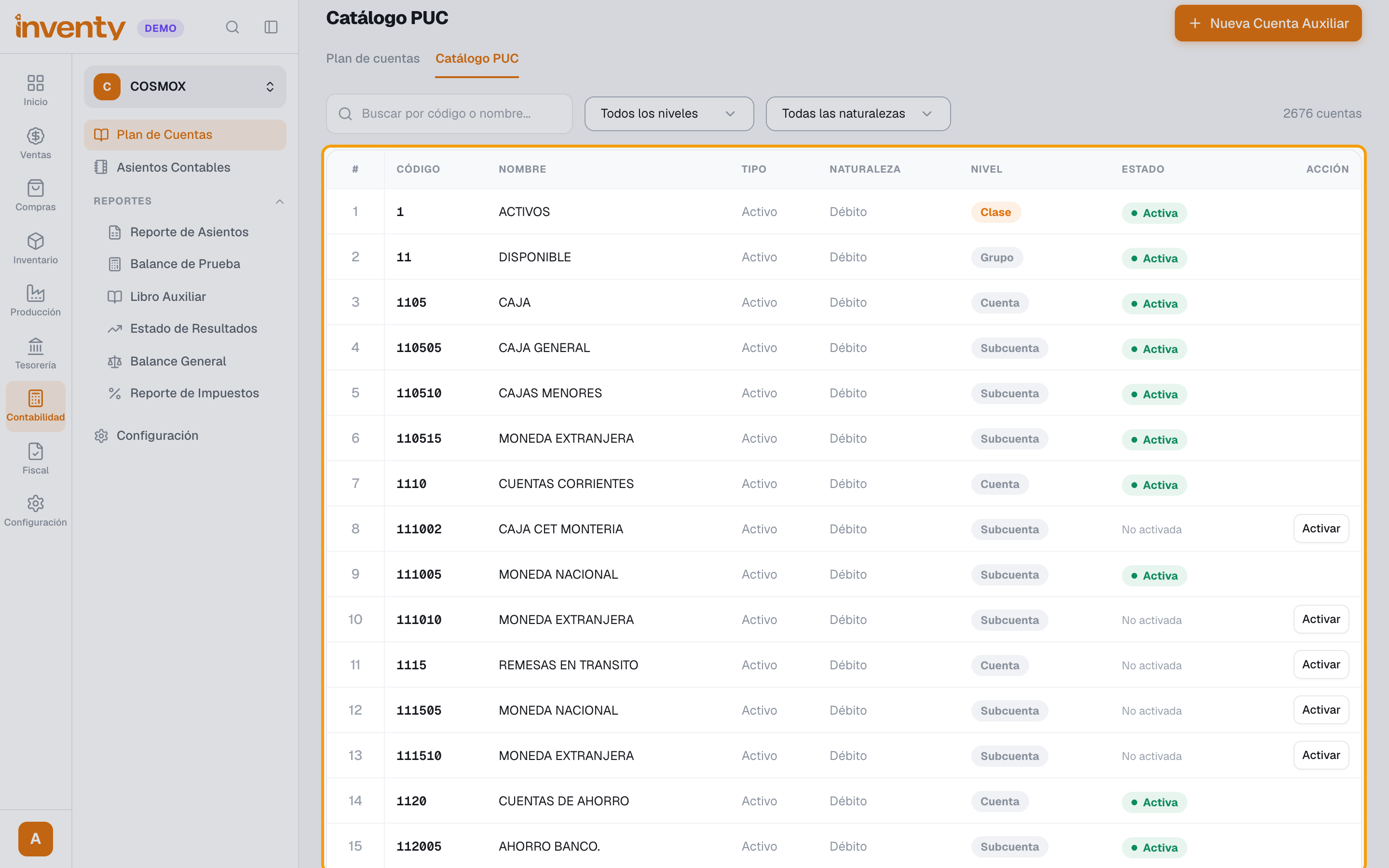 Catálogo PUC para activar cuentas