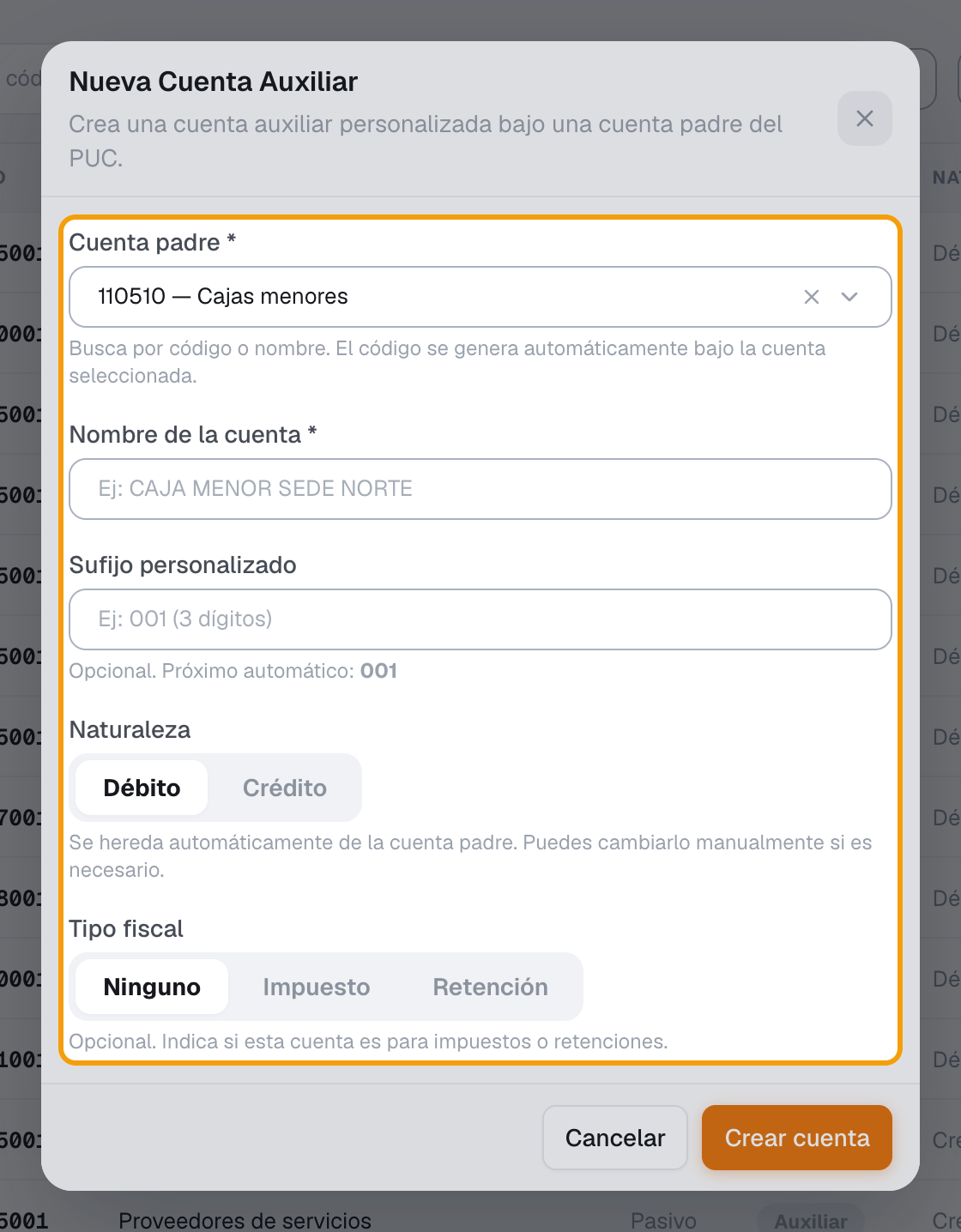Paso 5: campo Cuenta padre