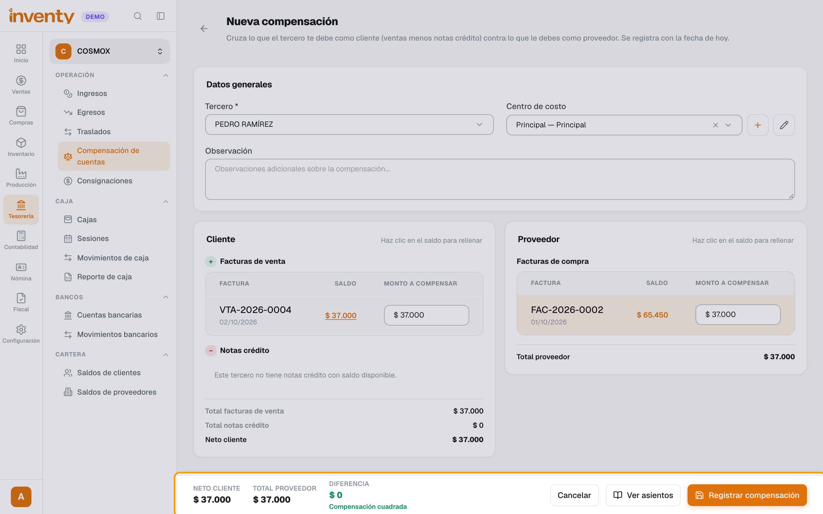 Paso 7: compensación cuadrada y botón Registrar compensación
