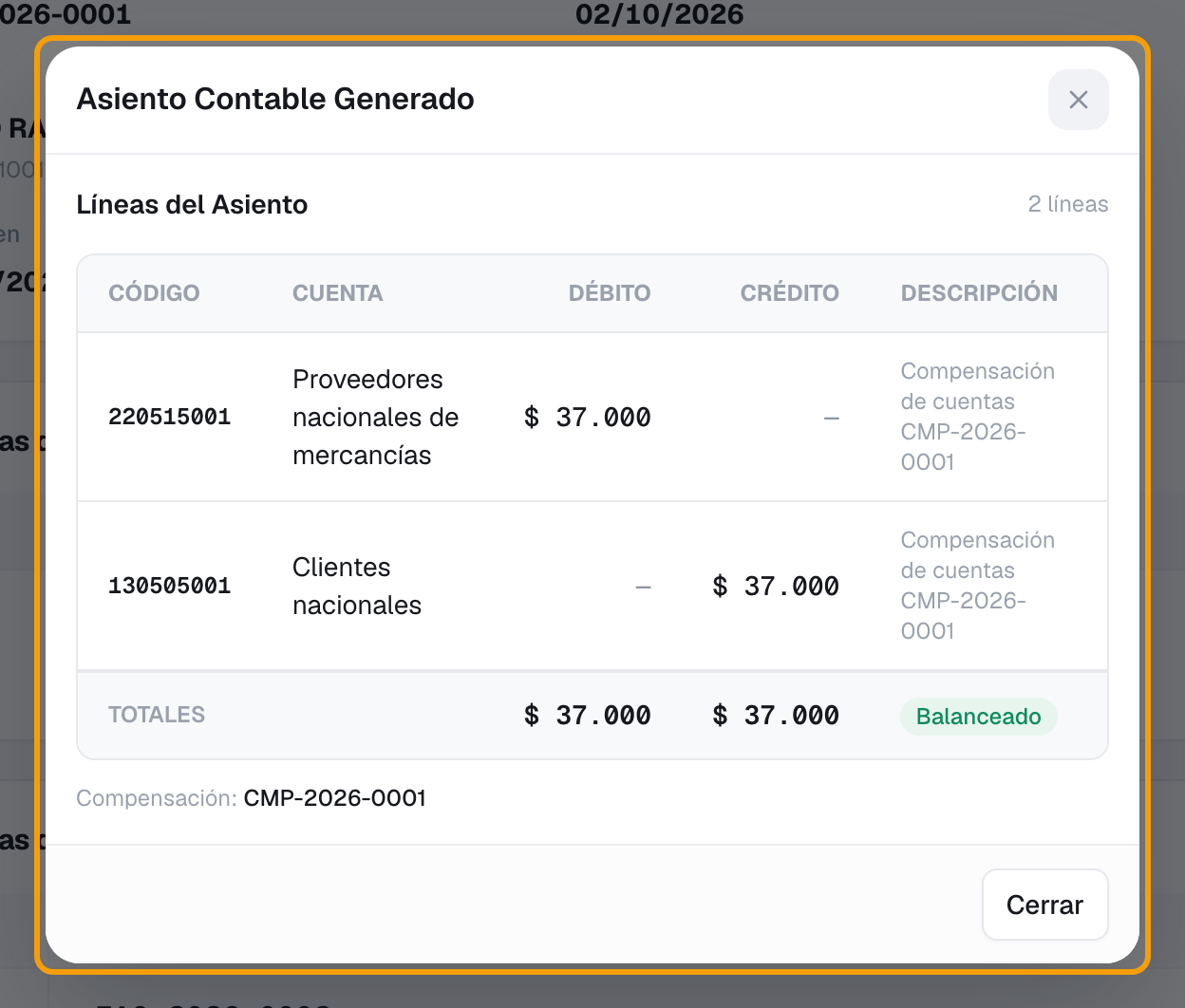 Paso 8: asiento contable de la compensación