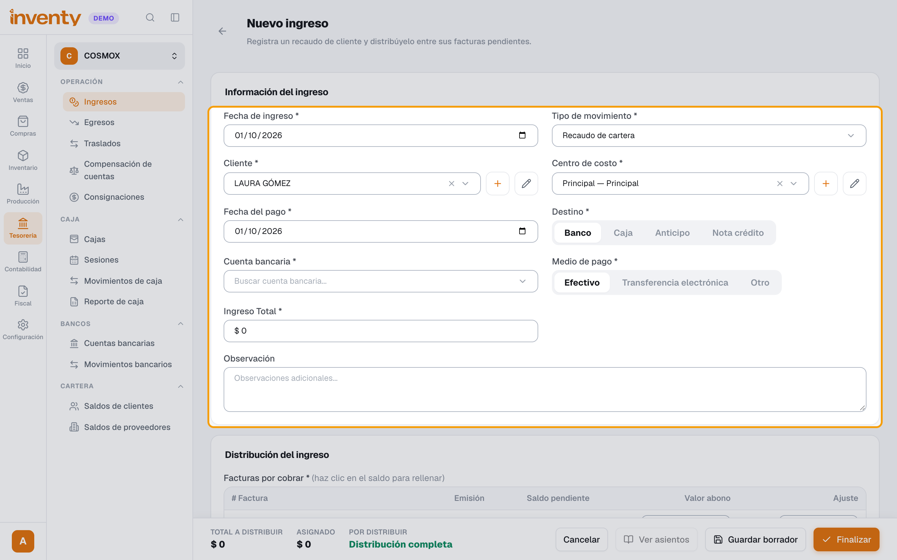 Paso 2: tipo de movimiento y cliente