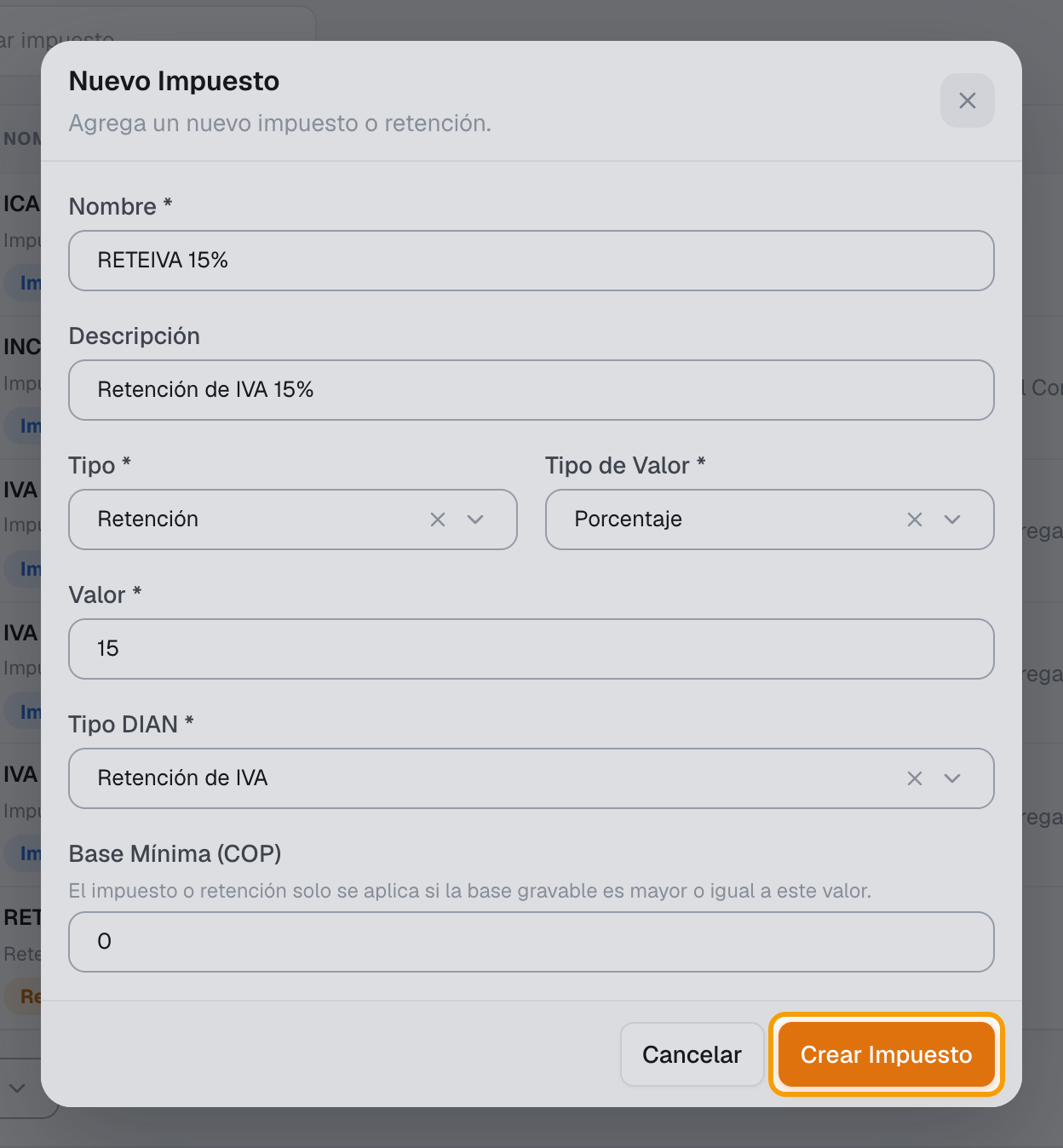 Paso 4: botón Crear Impuesto