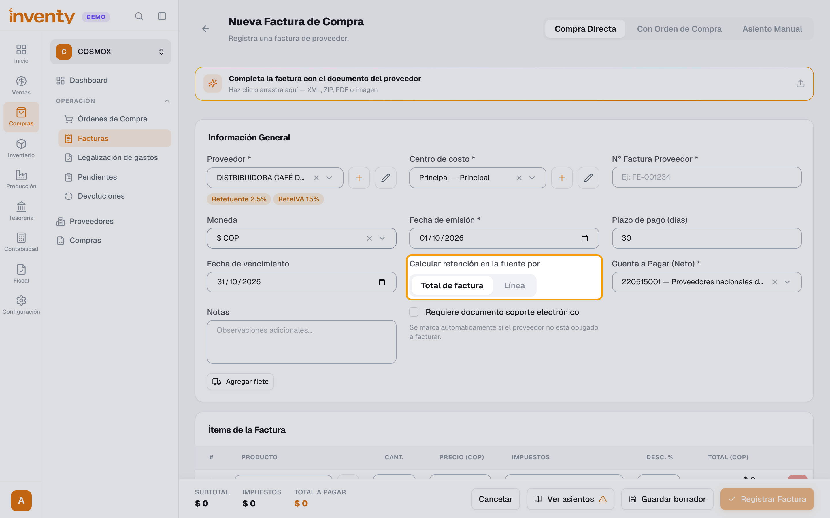 Paso 3: retenciones del tercero en la factura