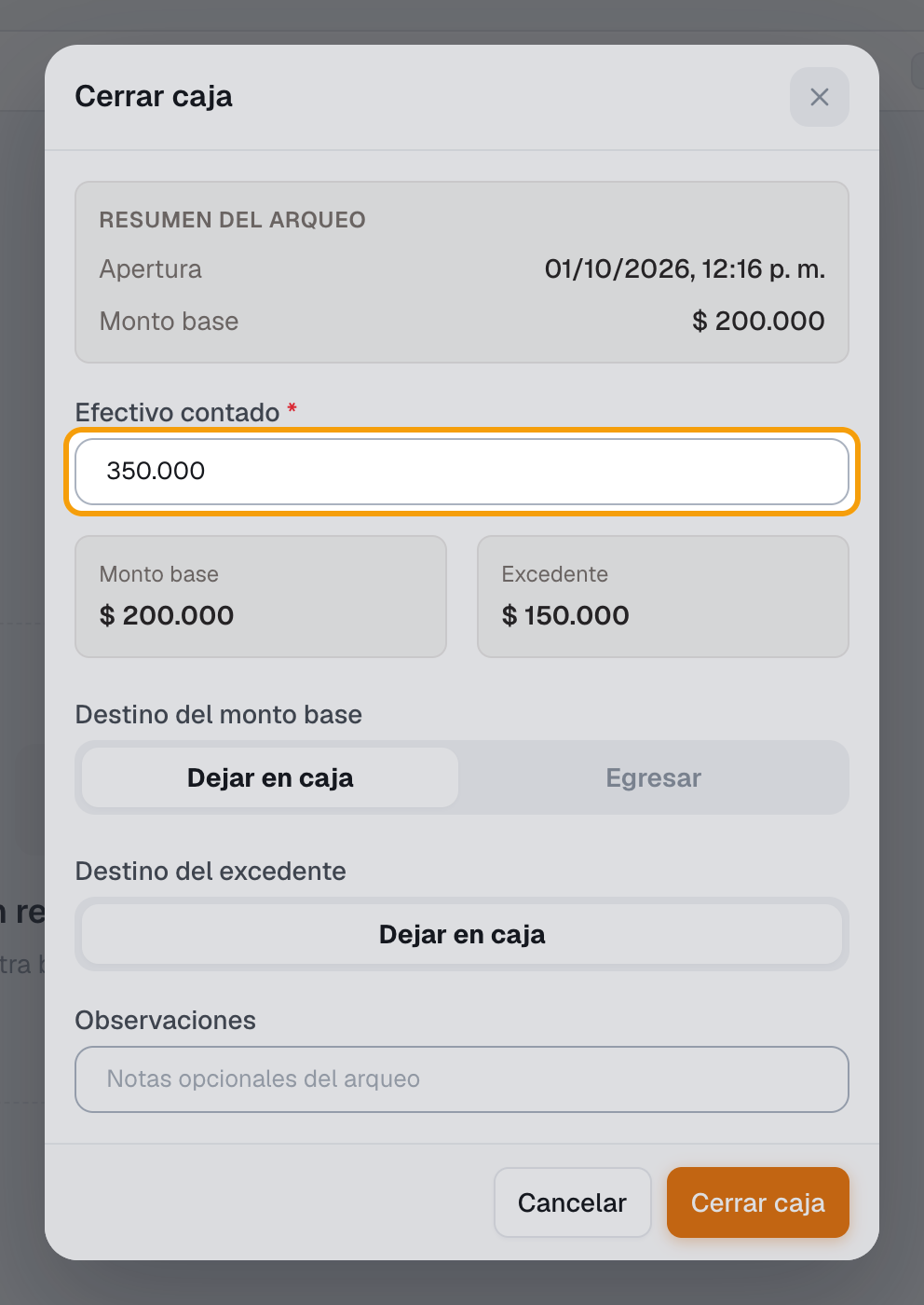 Paso 3: campo Efectivo contado