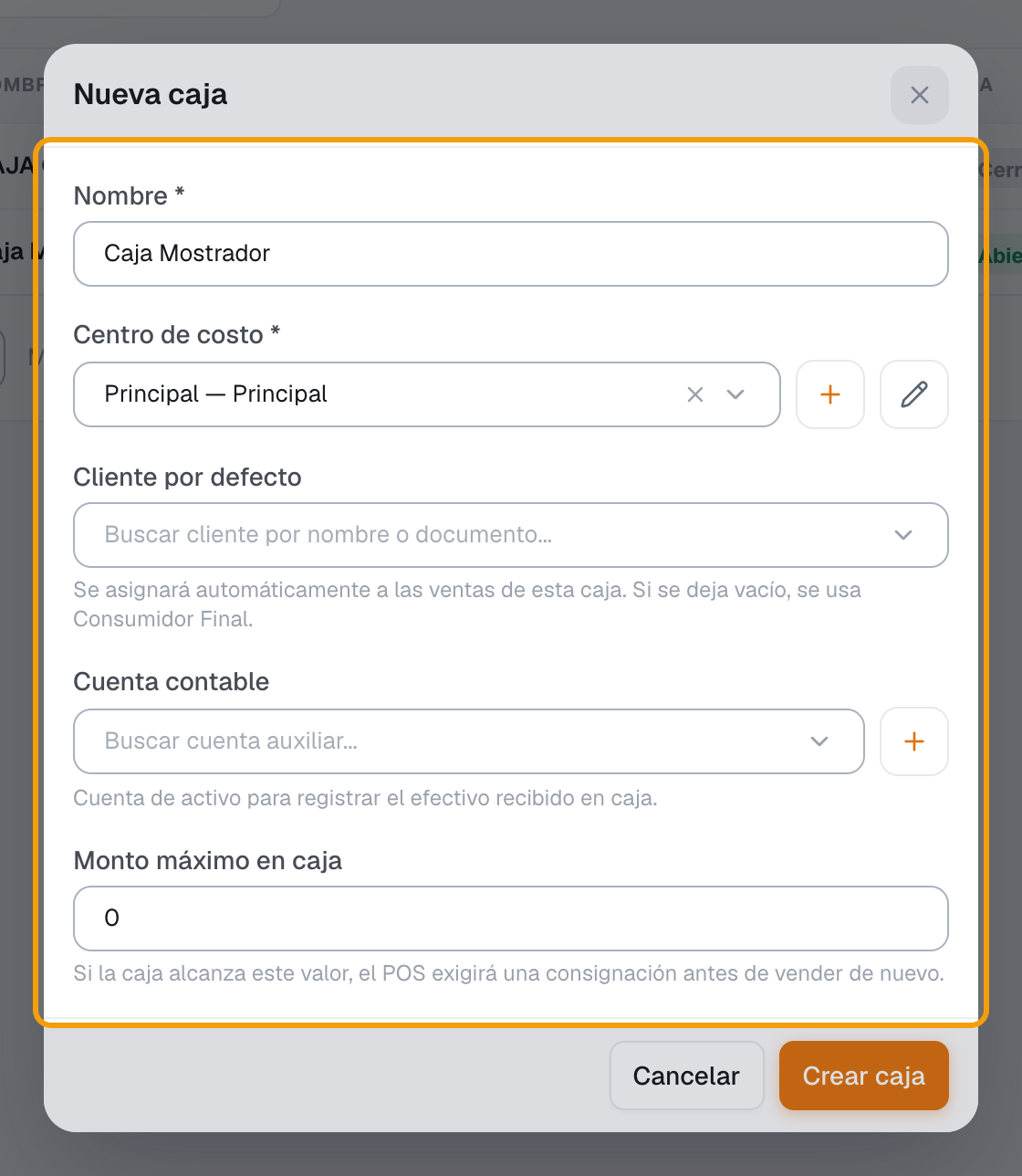 Paso 4: campos opcionales de la caja