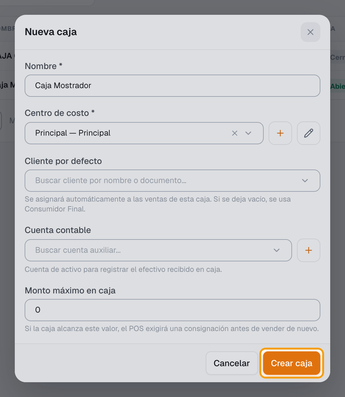 Paso 5: botón Crear caja