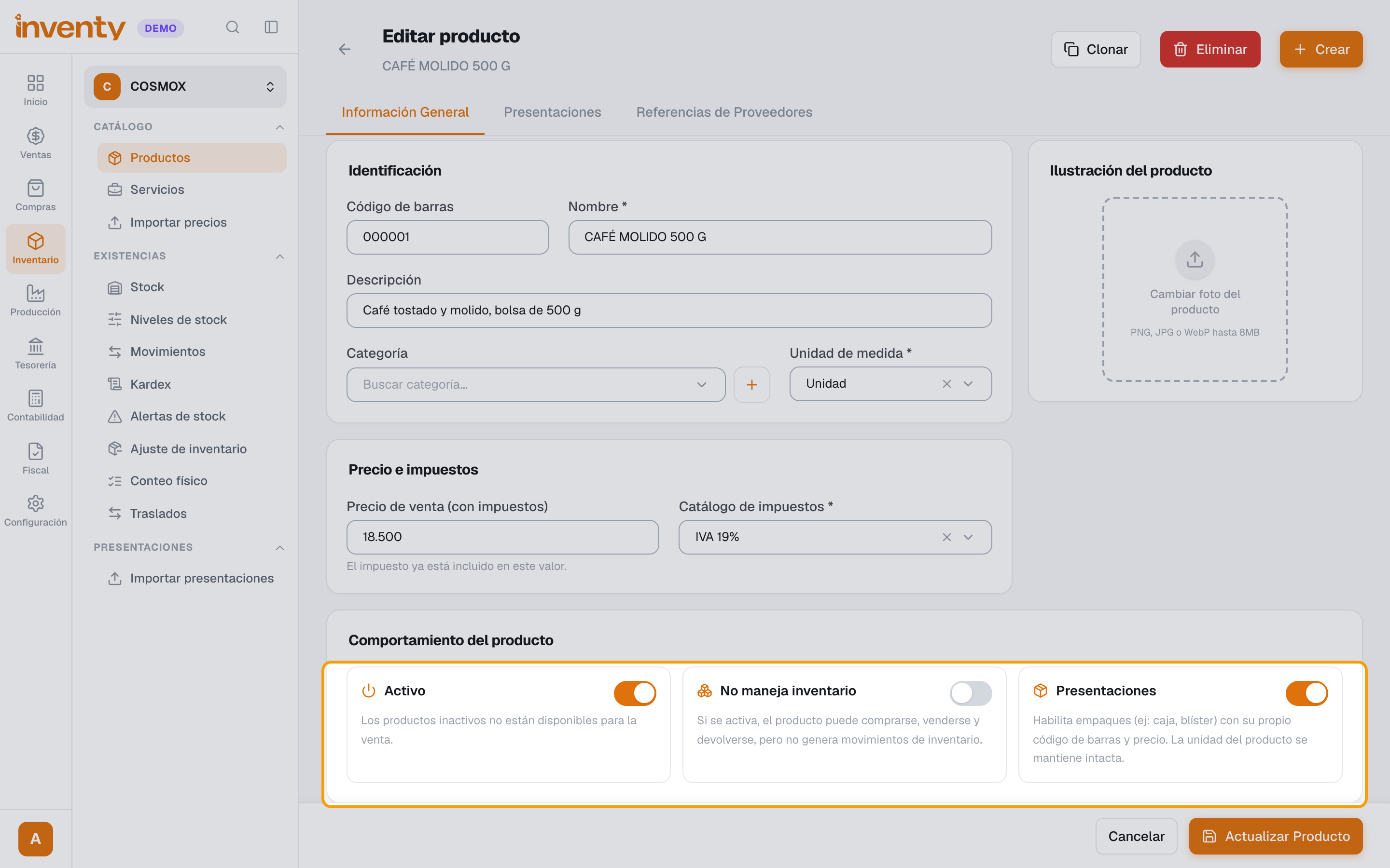 Paso 2: Activar presentaciones en el producto