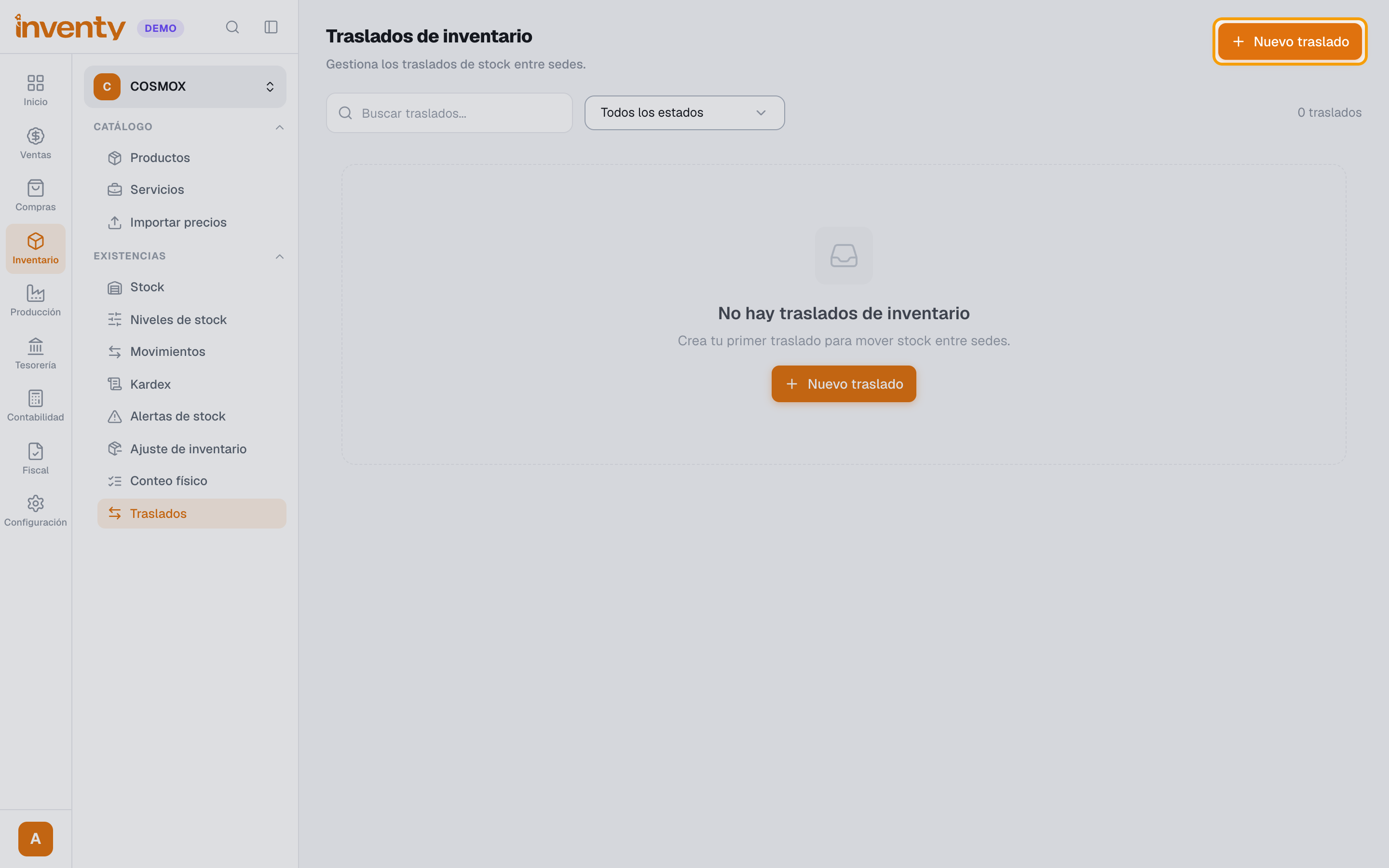 Paso 1: lista de traslados y botón Nuevo traslado