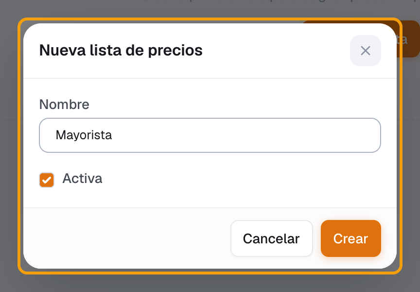 Paso 3: ventana Nueva lista de precios