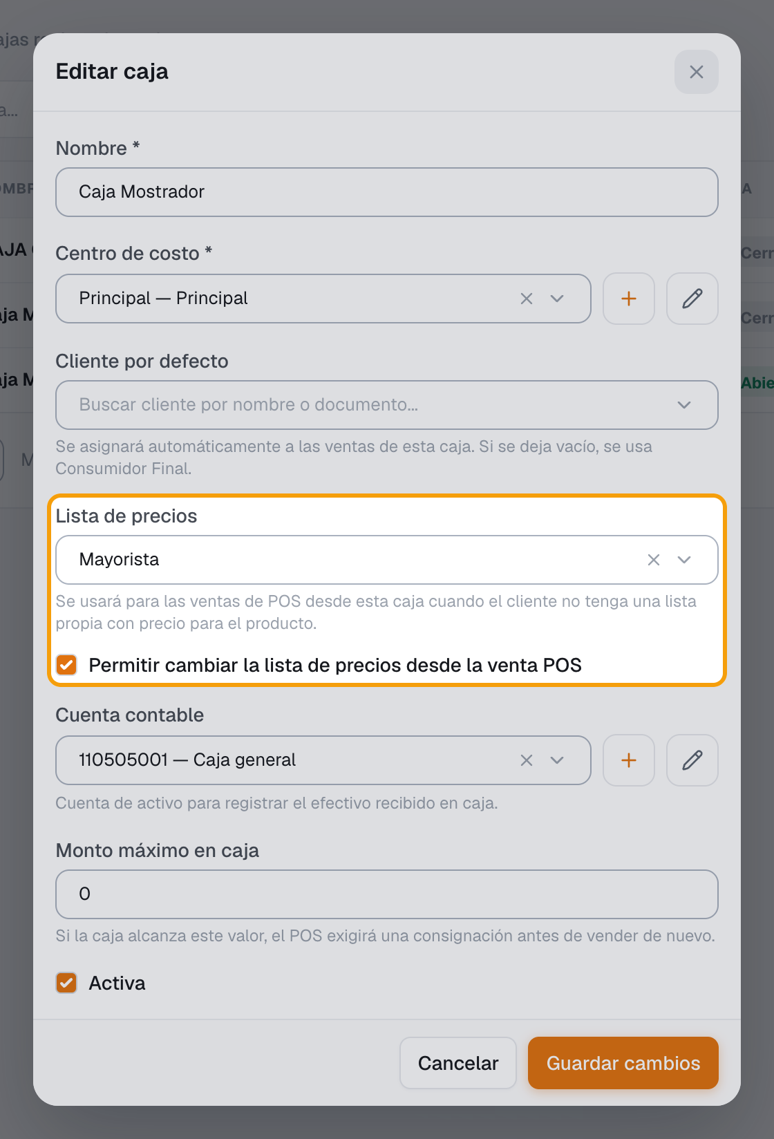 Paso 7: lista de precios en la caja